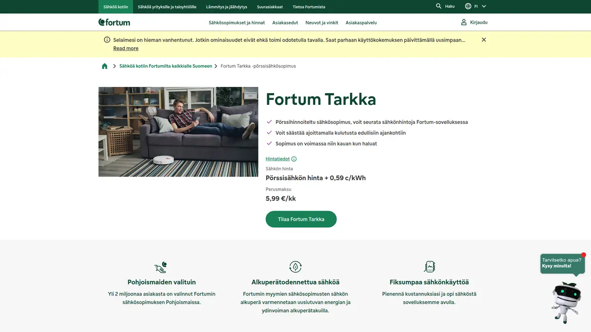 Esimerkki virallisesta pörssisähkön tuotesivusta: Fortum Tarkka